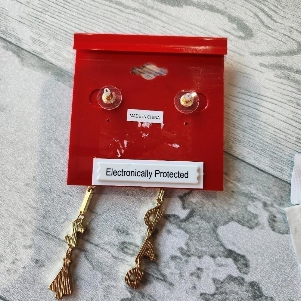 CRYSTAL and Glitter Gold Tone Linear Drop Christmas Feliz Navidad Earrings NWT